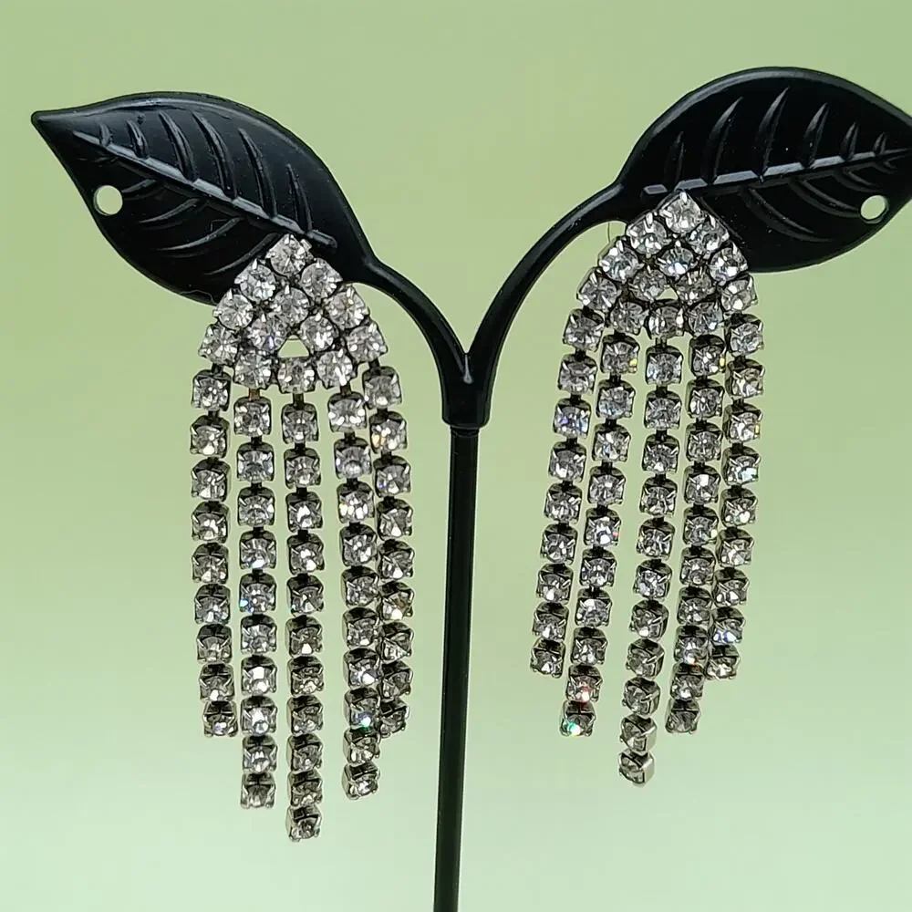 Vintage Clear Rhinestone Fringe Post Earrings, 1980s, 2 1/2 Inches - Picture 2 of 9